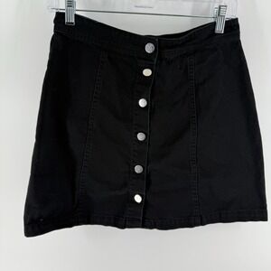 Iris A Line Mini Skirt Womens Medium Black Button Front Modern Minimalist Party